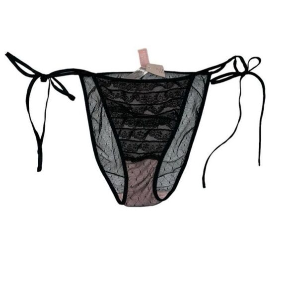 NWT VICTORIA'S SECRET S PINK BLACK LACE RUFFLE VINTAGE RARE TIE BIKINI PANTIES S - Picture 3 of 7